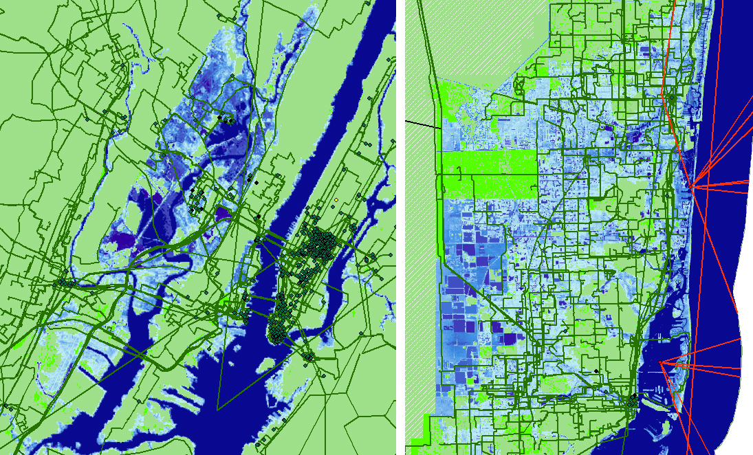 The most severe NOAA model of sea level rise shows areas that are projected to be underwater in New York (left) and Miami by 2033 in blue. Green lines represent fiber cables that deliver Internet.