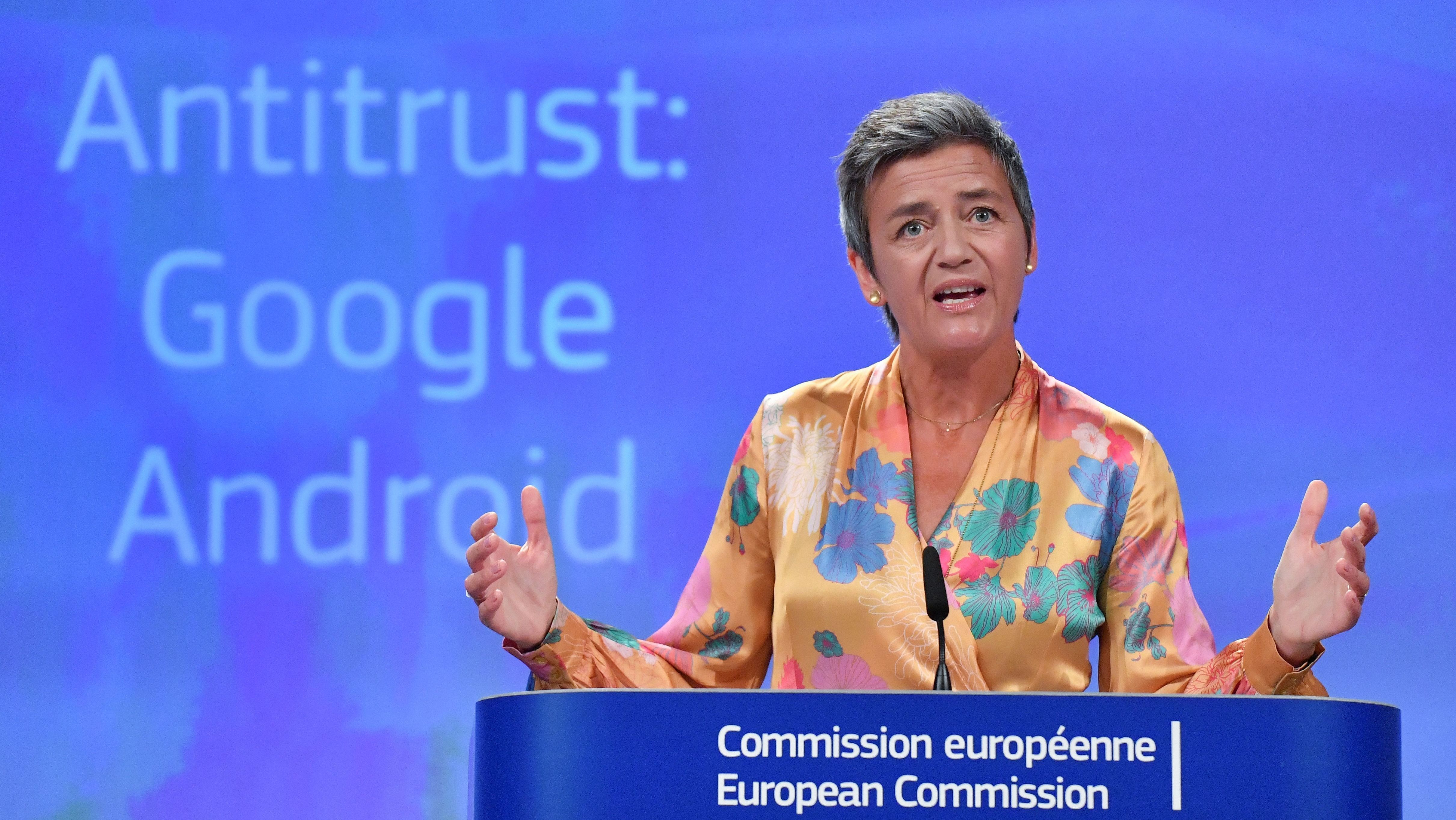 European Union Competition Commissioner Margrethe Vestager held a joint news conference at EU headquarters in Brussels on Wednesday after slapping a record $5 billion antitrust penalty on the U.S. tech giant. (AFP/Getty Images)