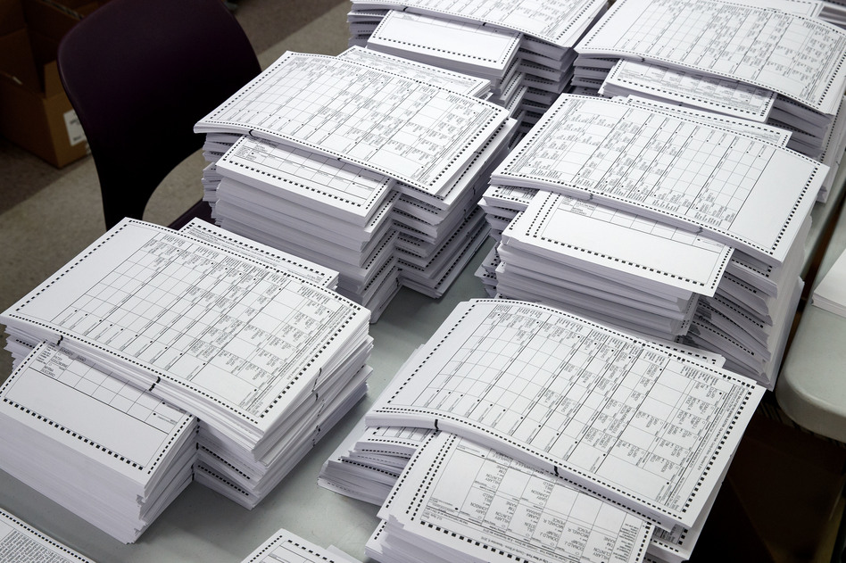 Ballots in New York City ahead of the 2016 general elections. While U.S. election officials have made progress increasing security, gaps still remain. (Drew Angerer/Getty Images)