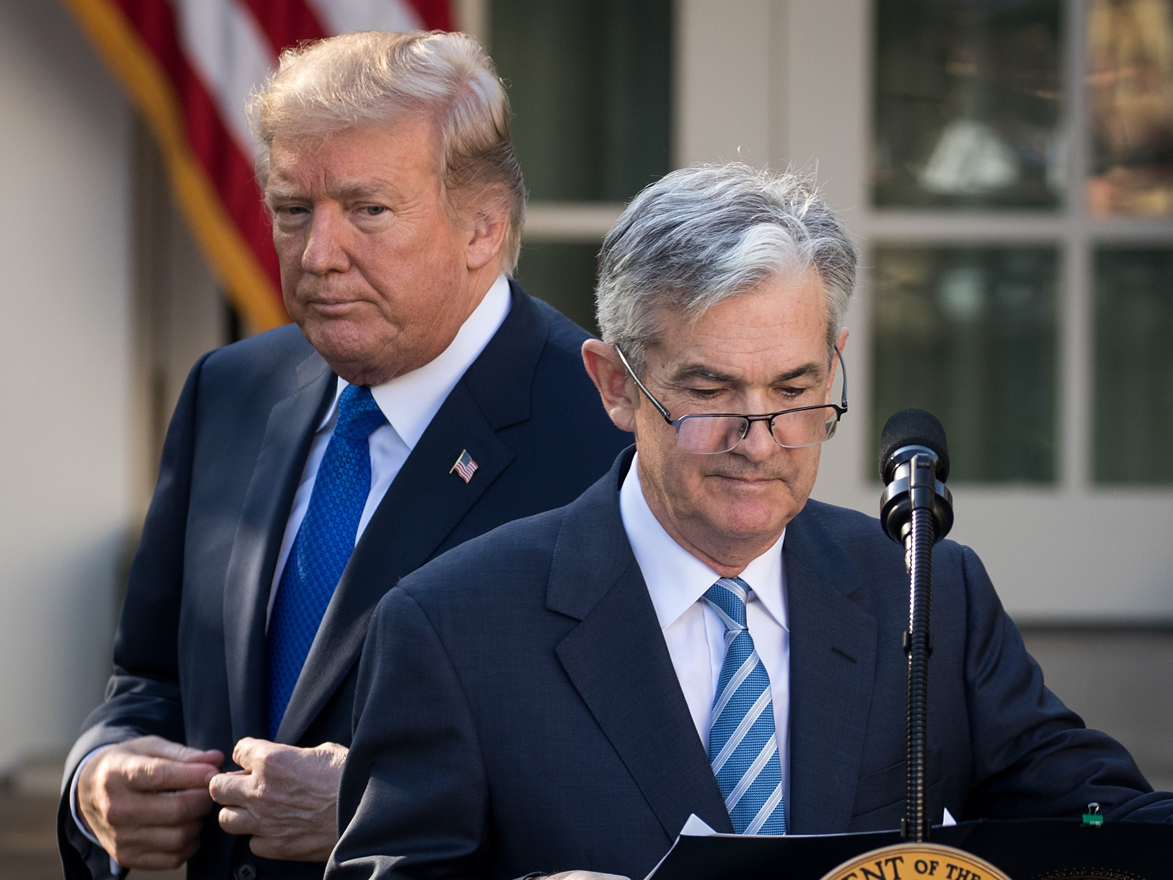 President Trump looks on as his nominee for Federal Reserve chairman, Jerome Powell, speaks at the White House on Nov. 2. On Thursday, Trump said he is &quot;not thrilled&quot; about Fed interest rate hikes. (Getty Images)