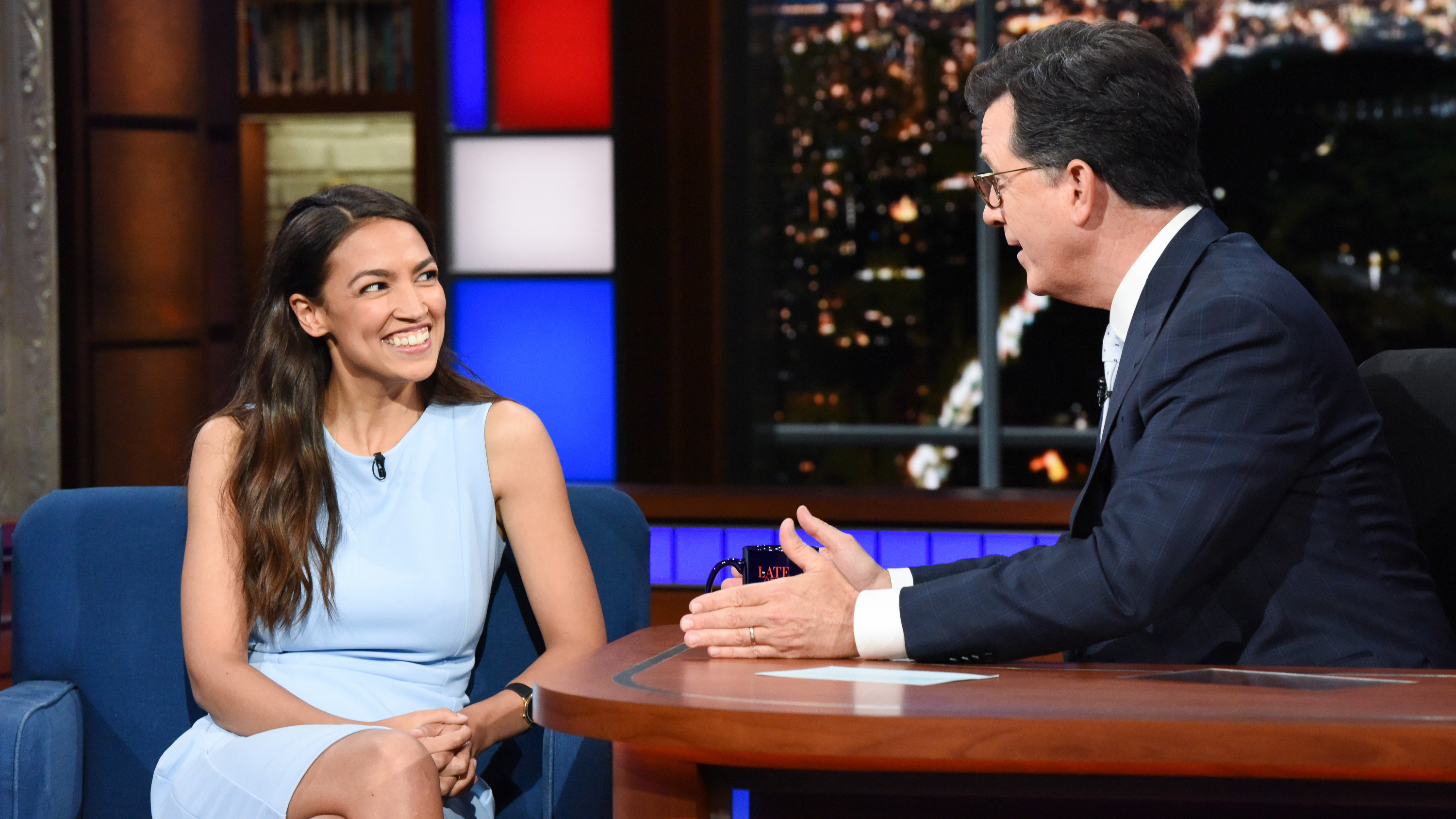 Alexandria Ocasio-Cortez appears on <em>The Late Show with Stephen Colbert</em> in June. (CBS via Getty Images)