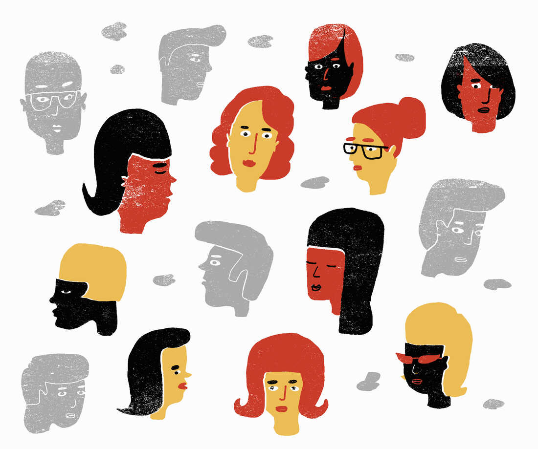 Illustration is of human faces on a white background.