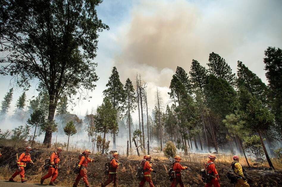 Firefighters battle the Ferguson fire on Sunday in Jerseydale, California. (Noah Berger/AFP/Getty Images)