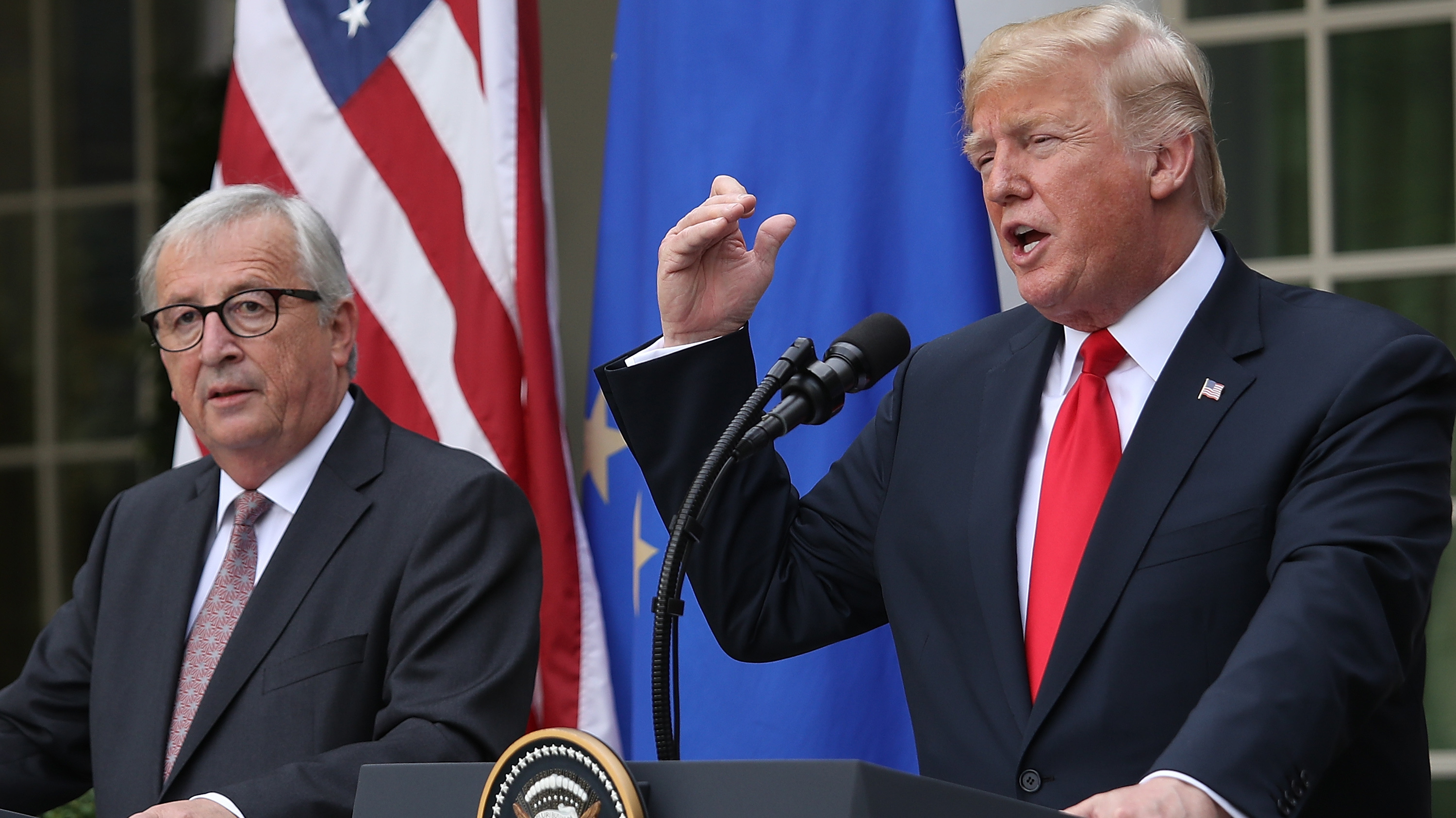 President Donald Trump and European Commission President Jean-Claude Juncker  deliver a joint statement on trade in the Rose Garden of the White House Wednesday in Washington, D.C. (Getty Images)