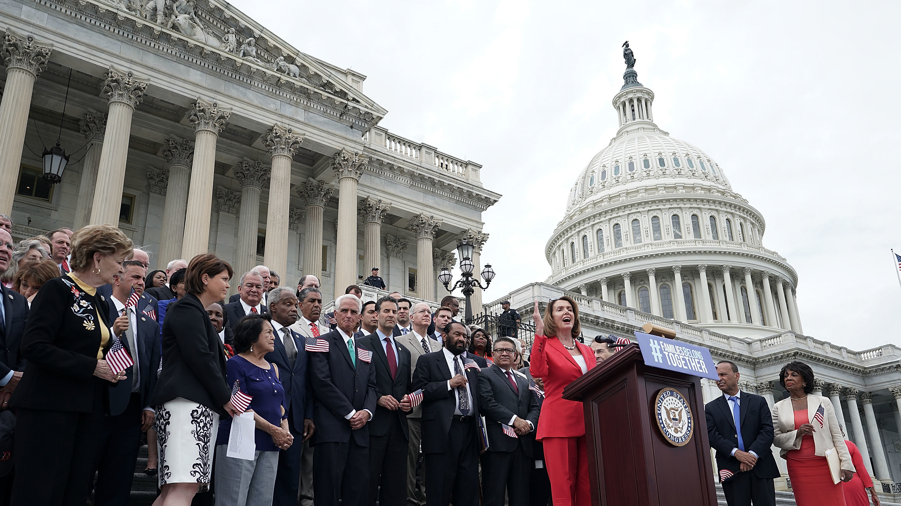 House Minority Leader Nancy Pelosi, D-Calif., is joined by House Democrats at a news conference in front of the U.S. Capitol on June 20 in Washington, D.C. (Getty Images)