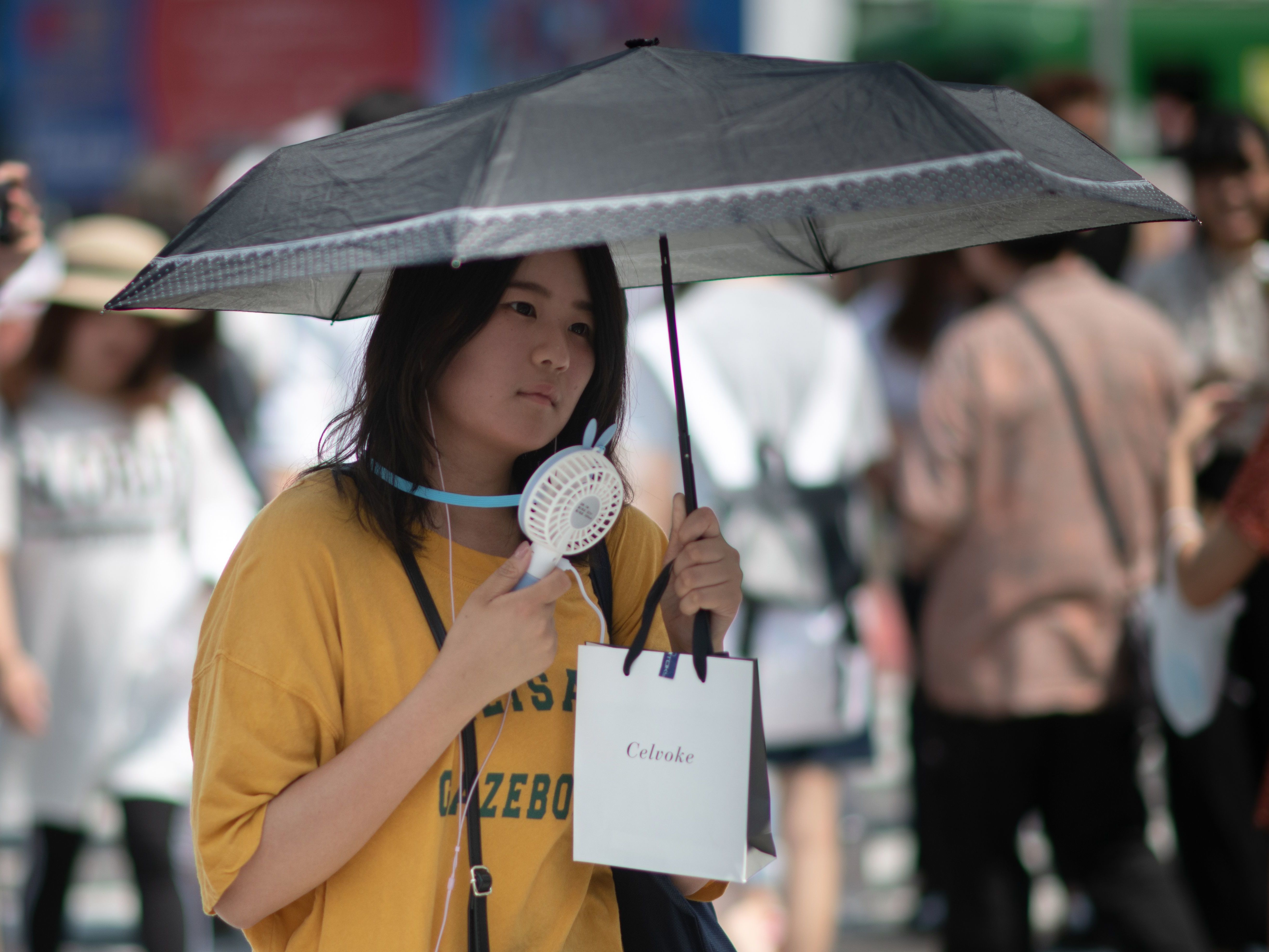A woman uses a portable fan to cool herself in Tokyo on Tuesday as Japan suffers from a heat wave. Scientists say extreme weather events will likely happen more often as the planet gets warmer. (AFP/Getty Images)