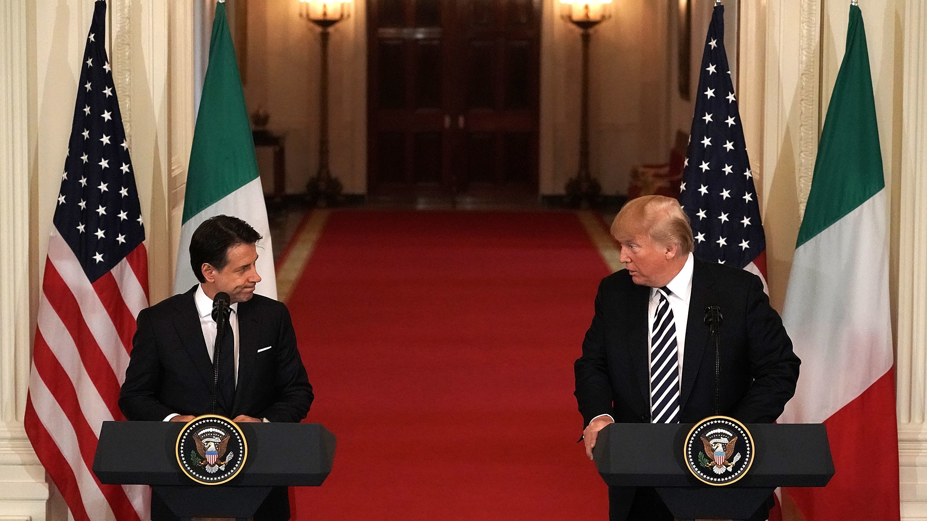 President Donald Trump and Italian Prime Minister Giuseppe Conte participate in a joint news conference at the East Room of the White House Monday. (Getty Images)