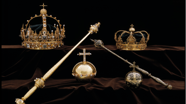 Three 17th-century Swedish royal treasures — the crowns of Karl IX and Kristina (upper left and right) and an orb (center) — were stolen on Tuesday in the daring daytime heist.
