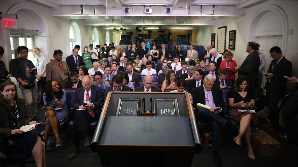 Reporters wait in the James Brady Press Briefing Room at the White House on June 23, 2017. (Chip Somodevilla/Getty Images)