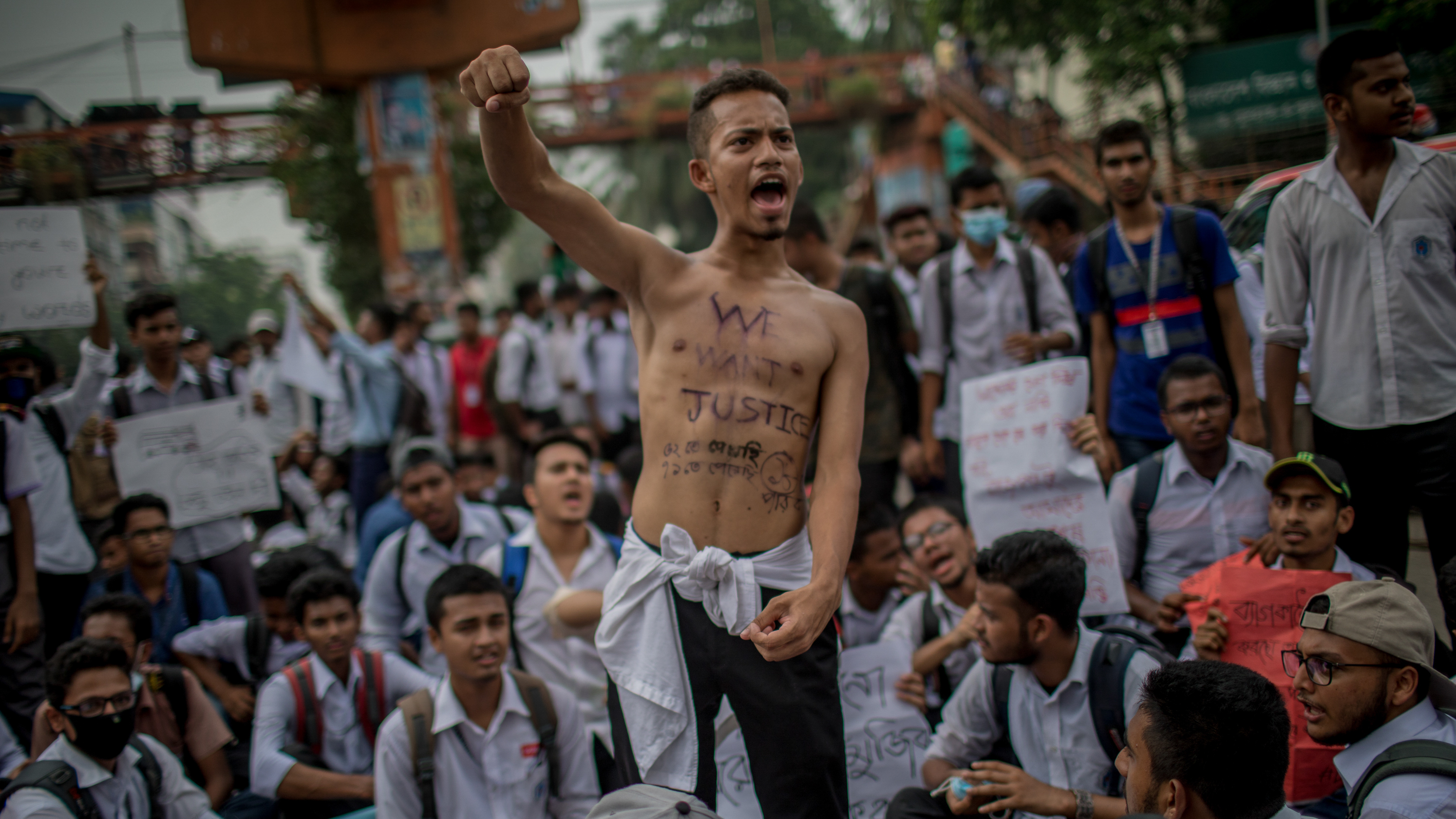 Students gathered at Elephant Road Circle, demanding better road safety and justice for traffic deaths, in Dhaka, Bangladesh, on August 4.
