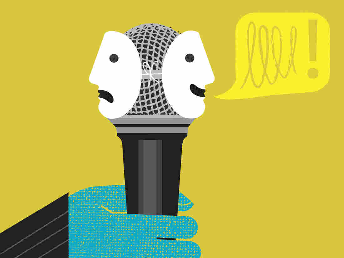 Hand holding microphone with happy and sad face masks, over yellow background.