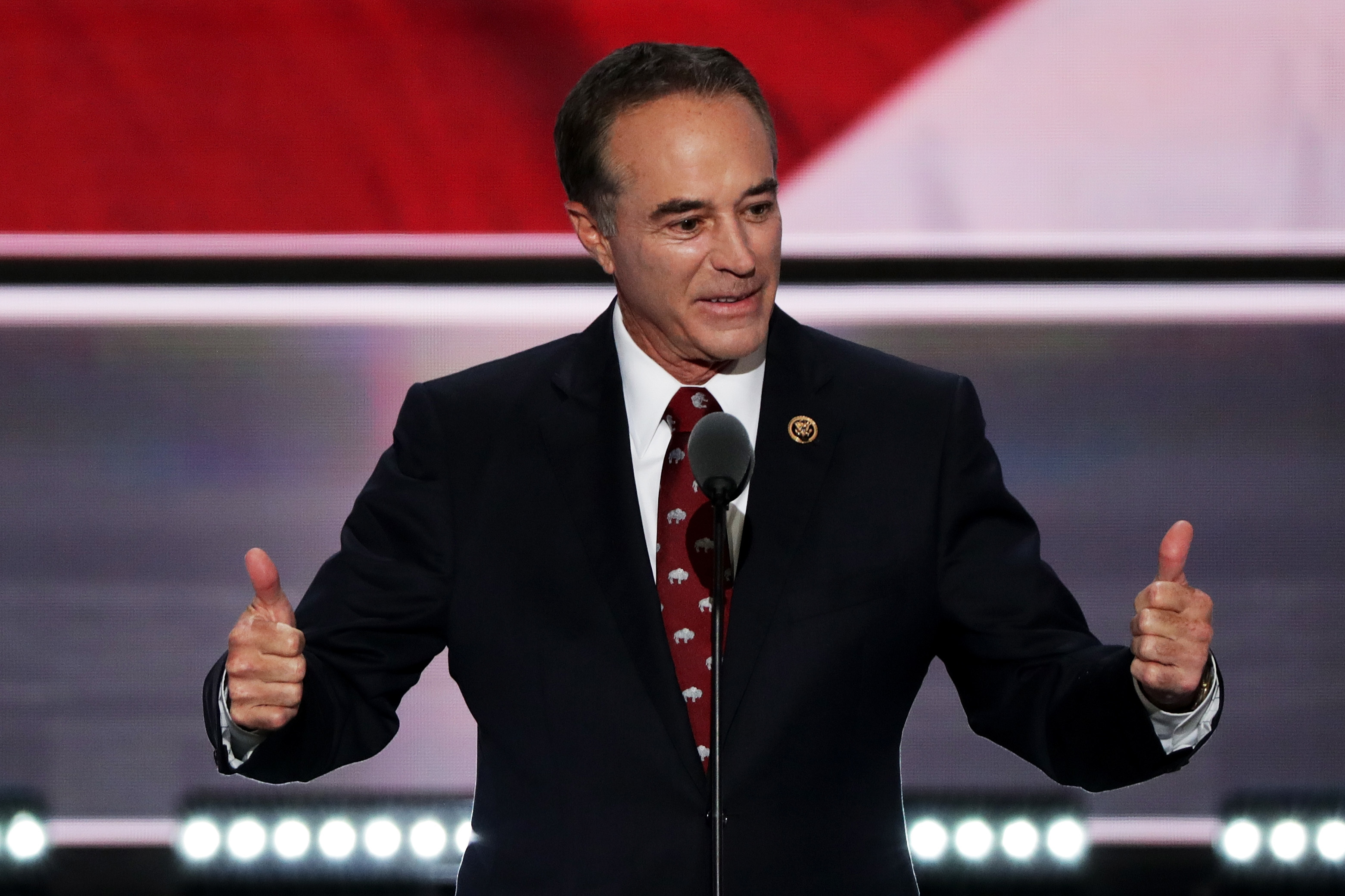 Rep. Chris Collins delivers a speech at the Republican National Convention in 2016 in Cleveland. Collins was the first sitting member of Congress to endorse Donald Trump's presidential bid. (Getty Images)