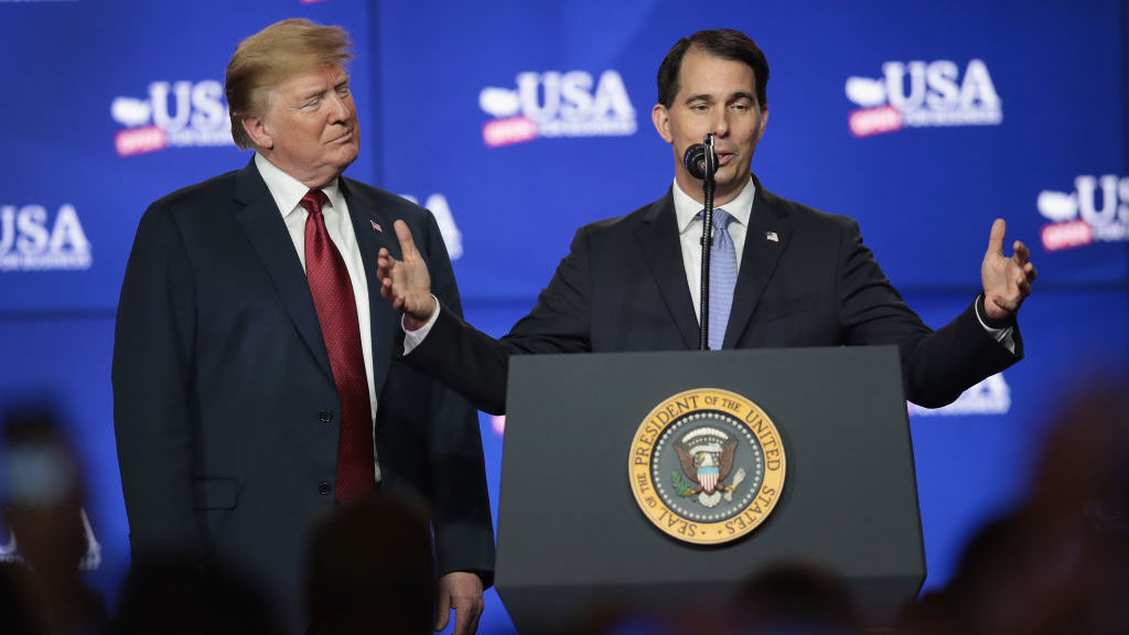 President Trump and Wisconsin Gov. Scott Walker participate in a groundbreaking ceremony for the $10 billion Foxconn factory complex in June. (Getty Images)