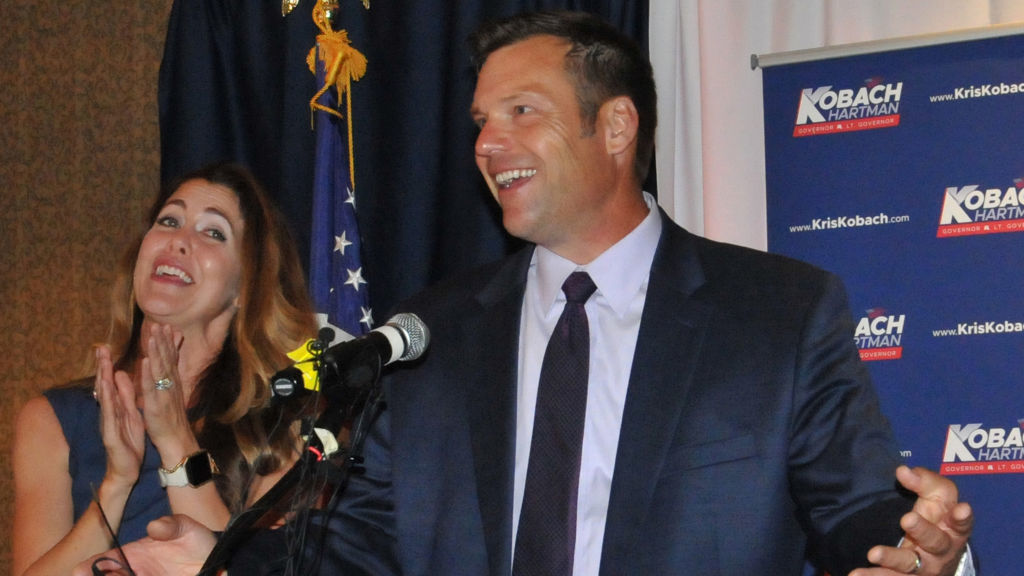 Kansas Secretary of State Kris Kobach, and his wife Heather Kobach, speak to supporters after last week's Kansas Republican gubernatorial primary. (Getty Images)