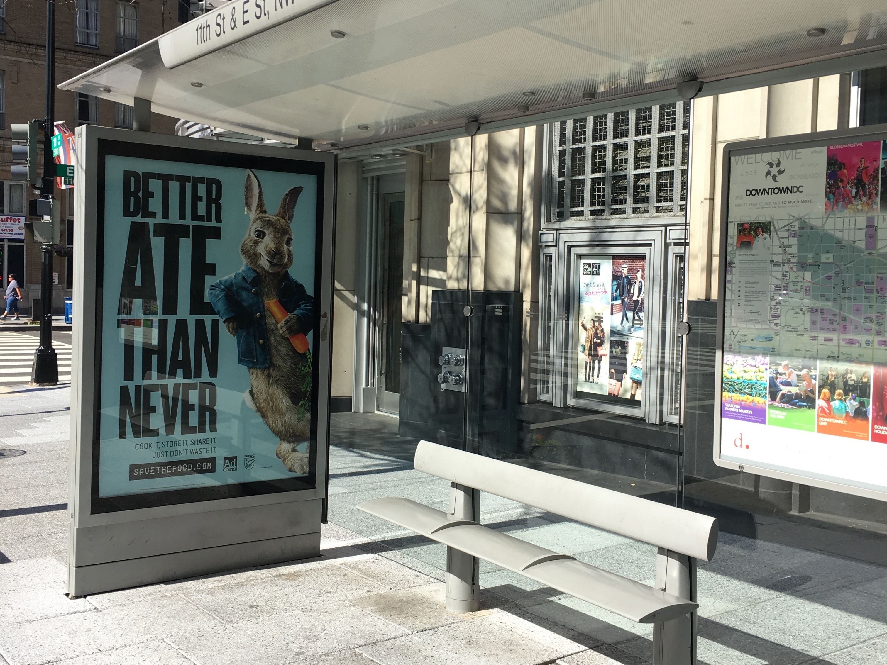 Peter Rabbit encourages people not to waste food as he casually chomps on a carrot on posters around town. (Carolyn Beans for NPR)
