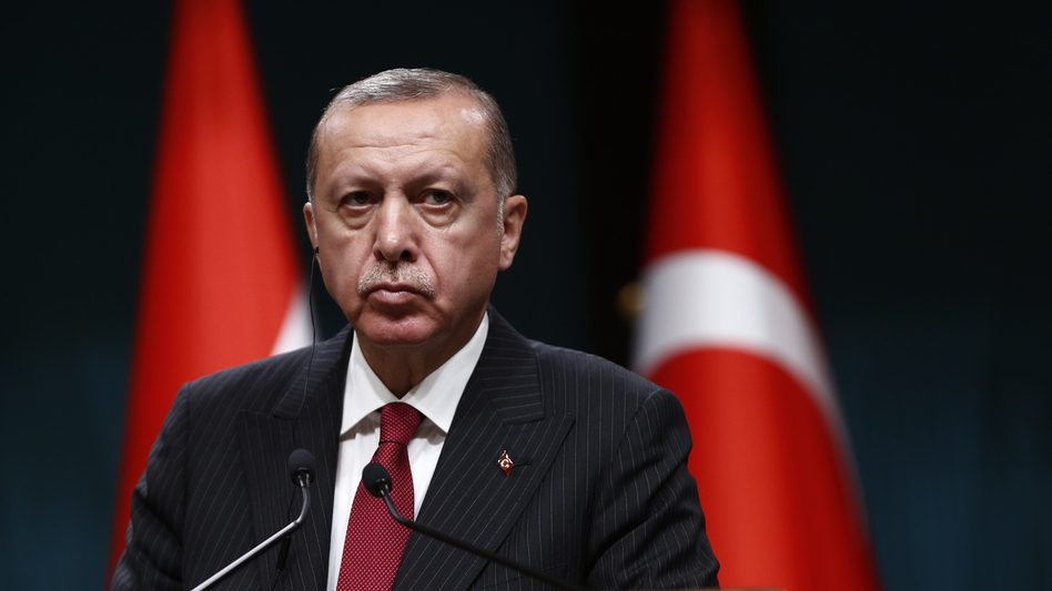 Turkish President Recep Tayyip Erdogan speaks during a news conference Tuesday at the presidential palace in Ankara. (Burhan Ozbilici/AP)