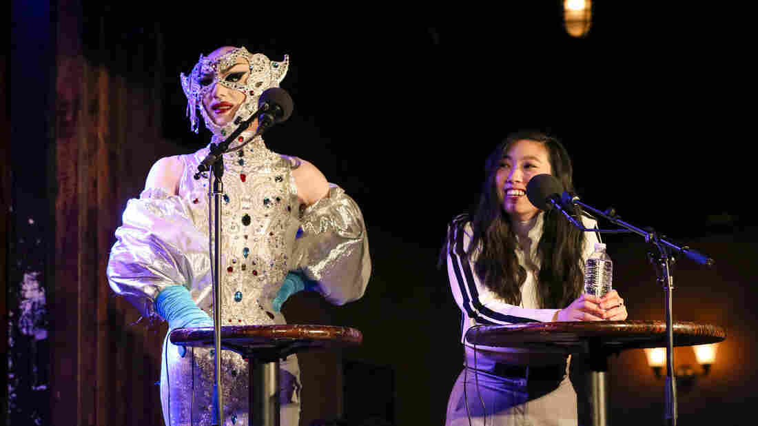 Sasha Velour and Awkwafina compete in a game on Ask Me Another at the Bell House in Brooklyn, New York.