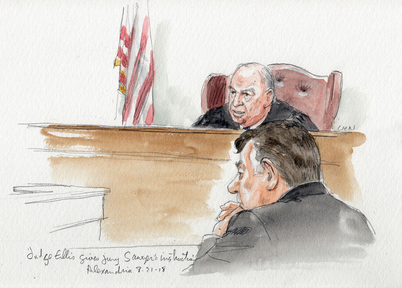 Judge T.S. Ellis III gives jury instructions in front of tax fraud defendant Paul Manafort on Tuesday. (Art Lien)