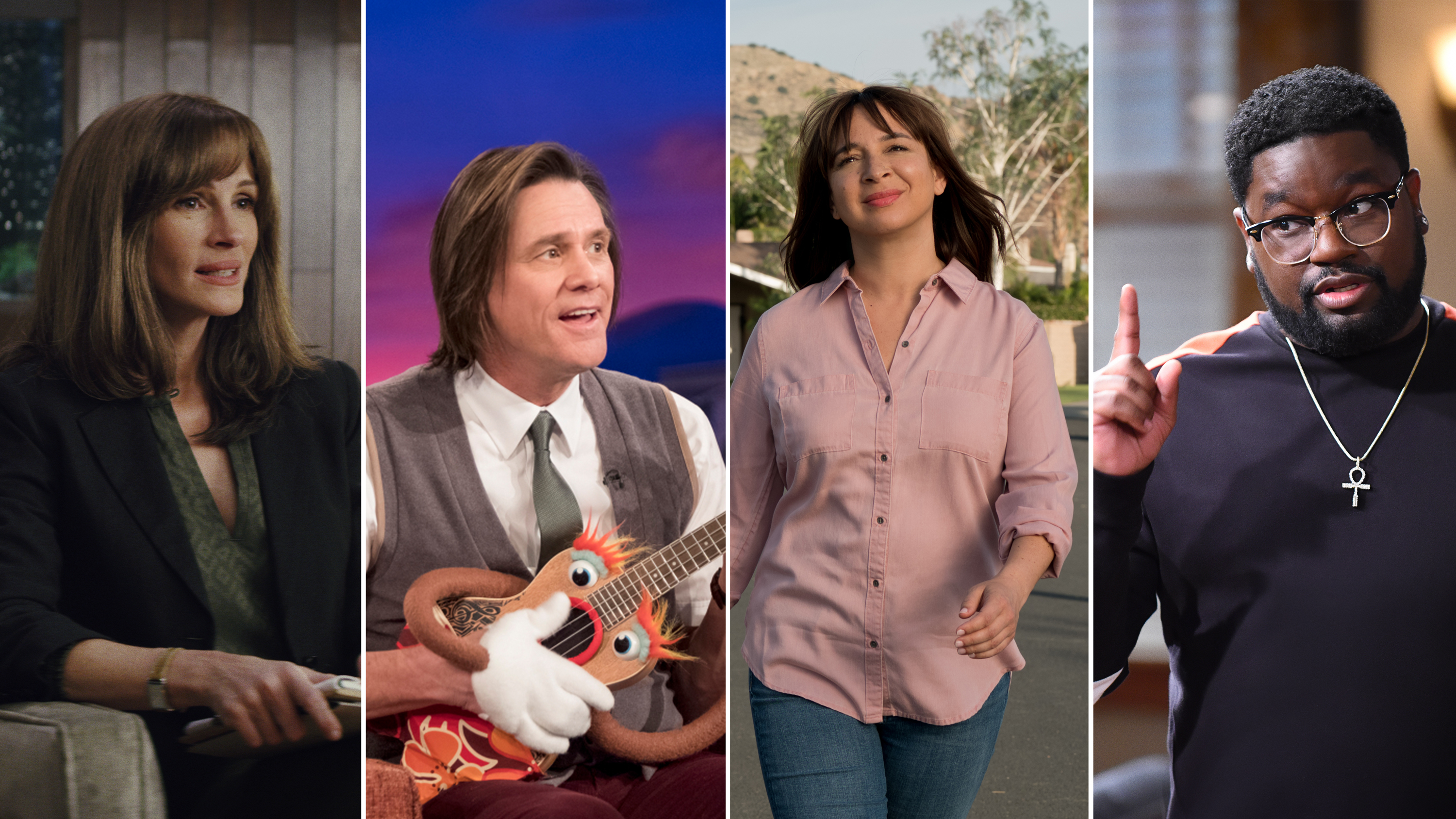 (From left) Julia Roberts in <em>Homecoming</em>; Jim Carrey in <em>Kidding</em>; Maya Rudolph in <em>Forever</em>; and Lil Rel Howery in <em>Rel.</em> (Tod Campbell/Amazon Prime; Erica Parise/SHOWTIME; Colleen Hayes/Amazon Prime; Ray Mickshaw/FOX;)