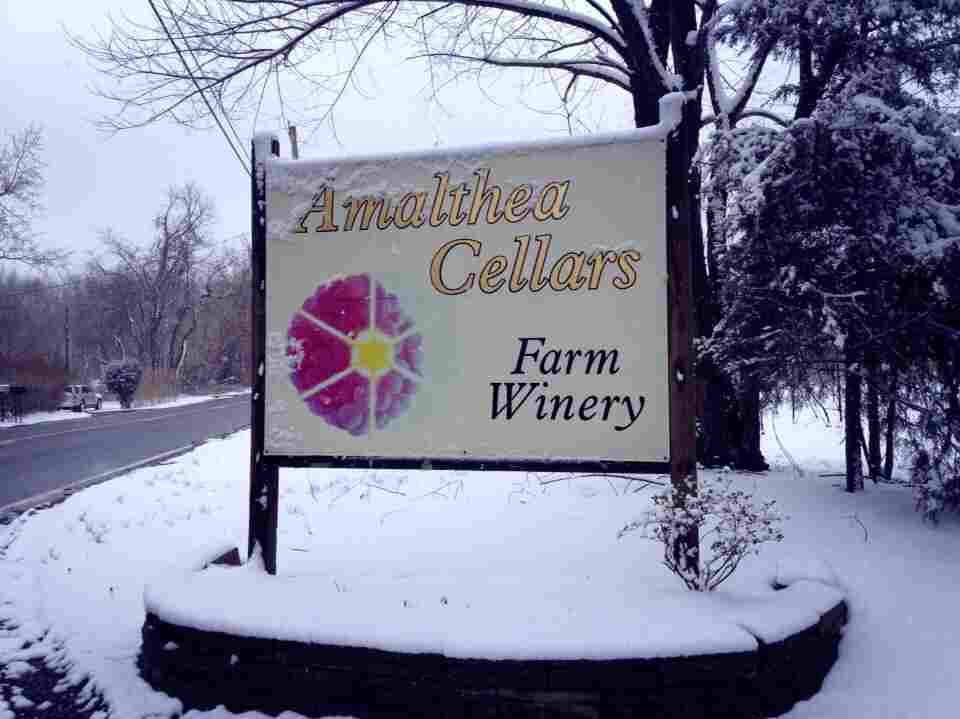 A sign outside Lou Caracciolo's winery, Amalthea Cellars.