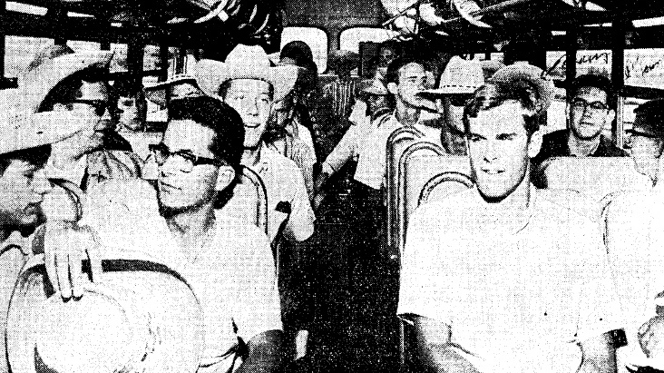 San Diego high school students await a bus ride to Blythe, Calif., to go pick cantaloupes in the summer of 1965. They were recruited as part of the A-TEAM, a government program to replace migrant farm workers with high school students.