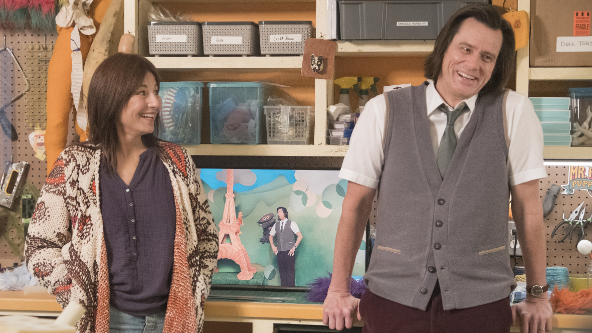 Deirdre (Catherine Keener) and Jeff (Jim Carrey) share a moment — and a deeper connection — in <em>Kidding</em>. (Showtime)