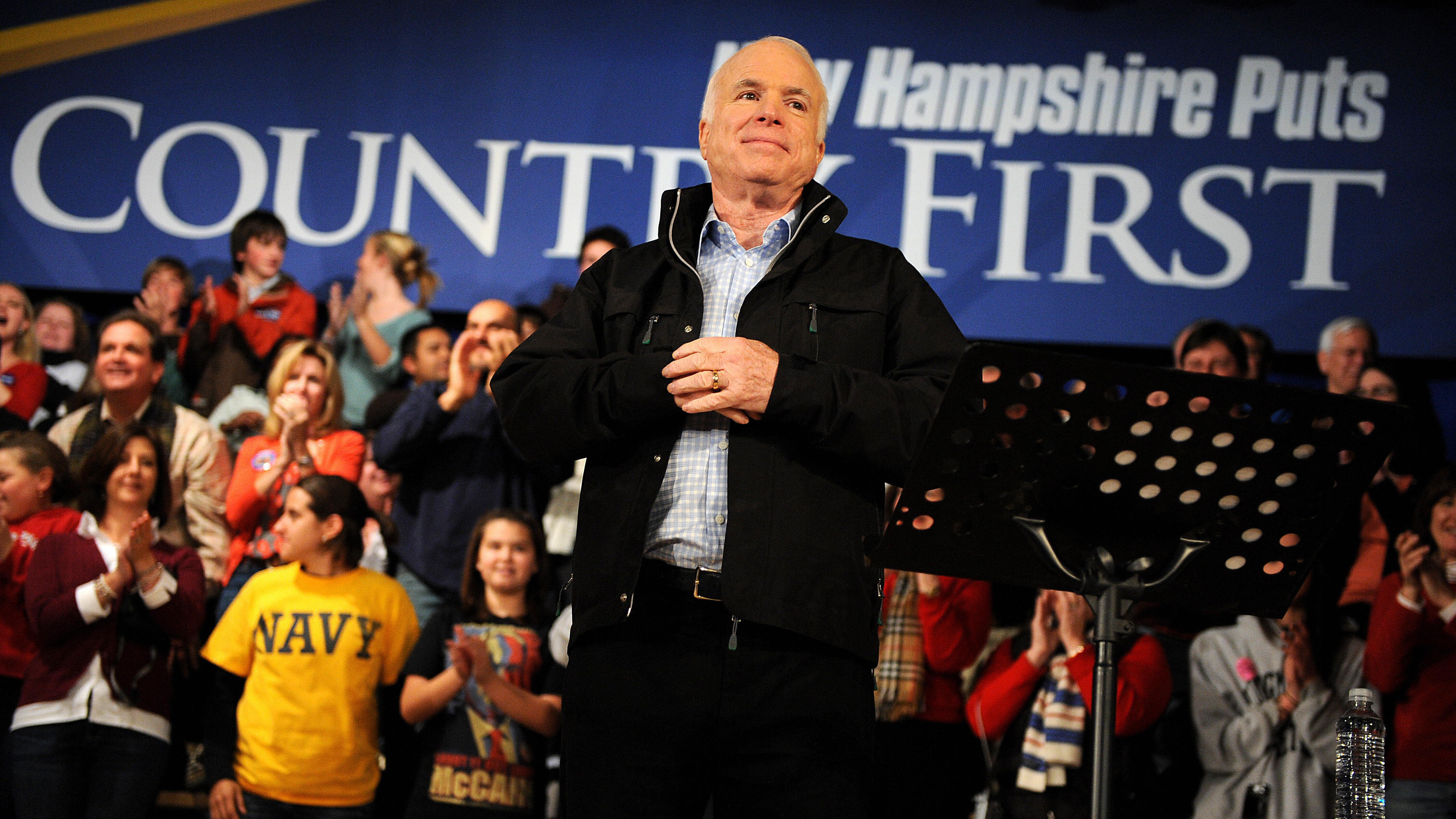 Sen. John McCain became known for his openness with voters and the press, and he thrived in town hall settings, such as this one in New Hampshire in 2008. (AFP/Getty Images)