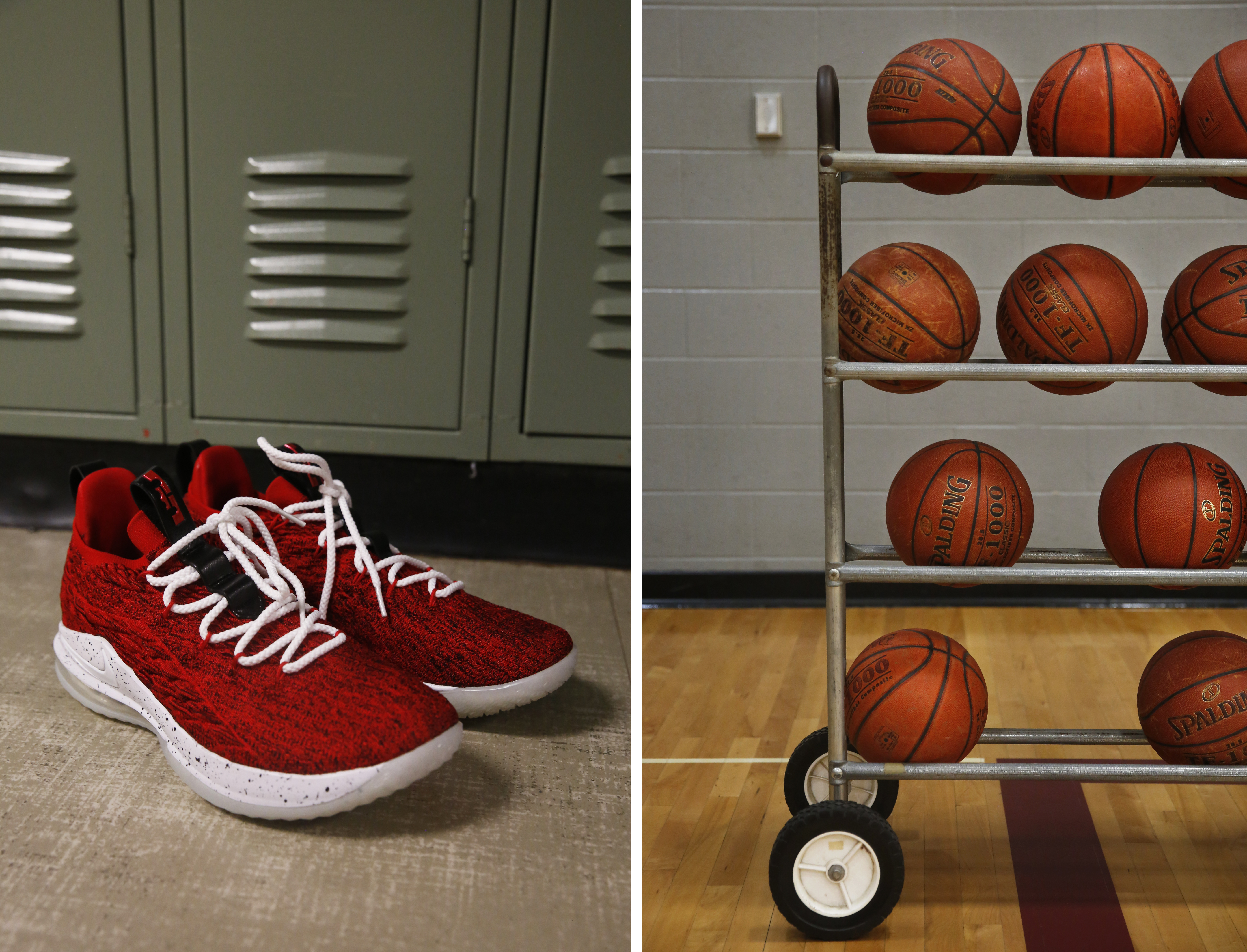 In One Generation, A Farmworker Family Grows College Ambitions 3 Left: Angel's basketball shoes. Right: Basketballs in the Minto High School gym.