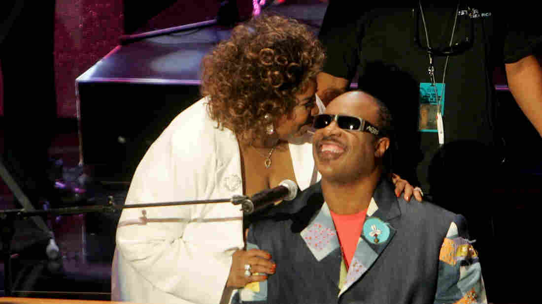 Aretha Franklin and Stevie Wonder onstage at the 10th Annual Soul Train Lady of Soul Awards, held at the Pasadena Civic Auditorium on September 7, 2005. (Kevin Winter/Getty Images)