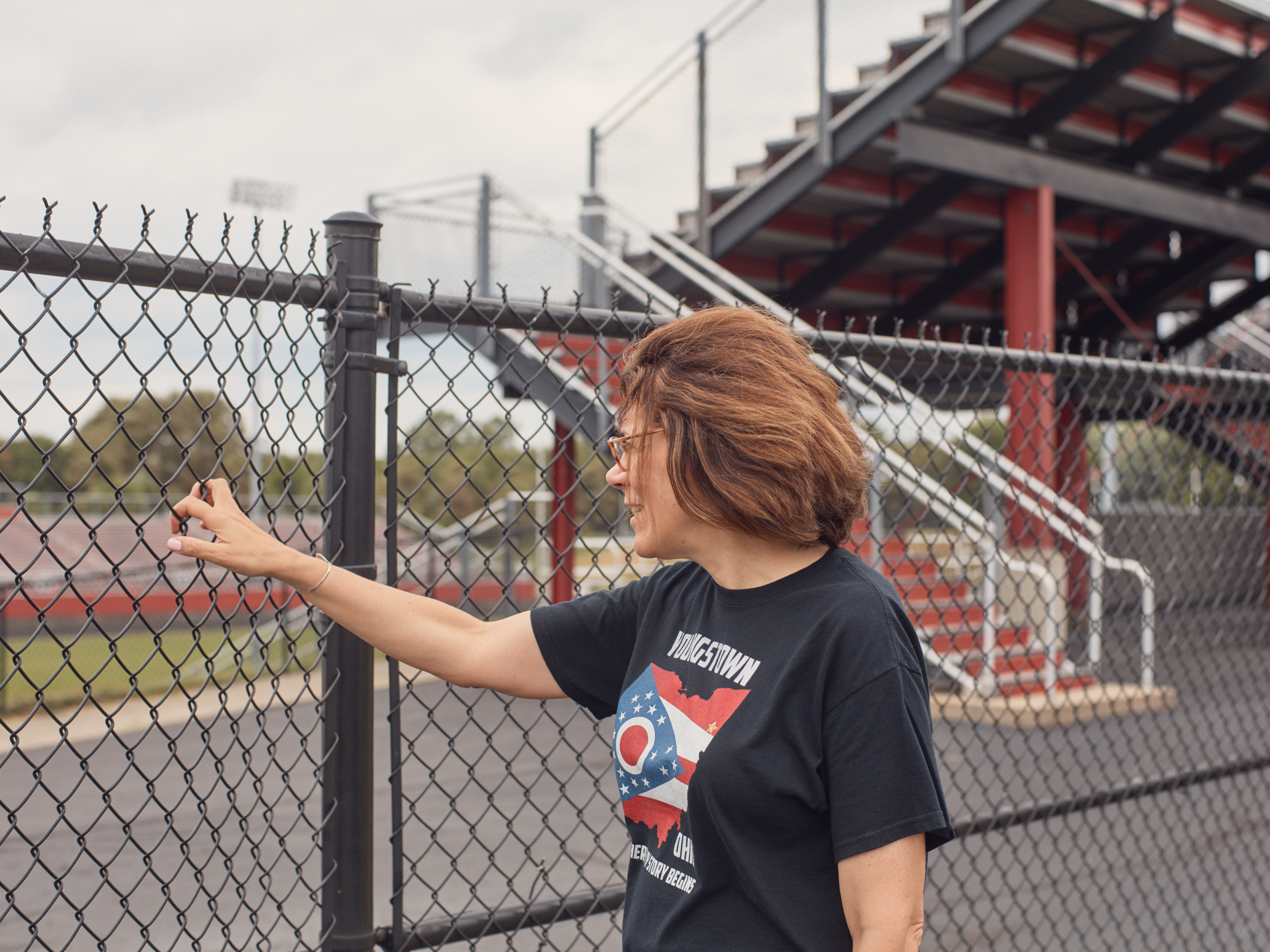 Marilyn Geewax visits her former high school in Campbell, Ohio, a small town just east of Youngstown, in July. She returned for her 45th high school reunion. (Ross Mantle for NPR)