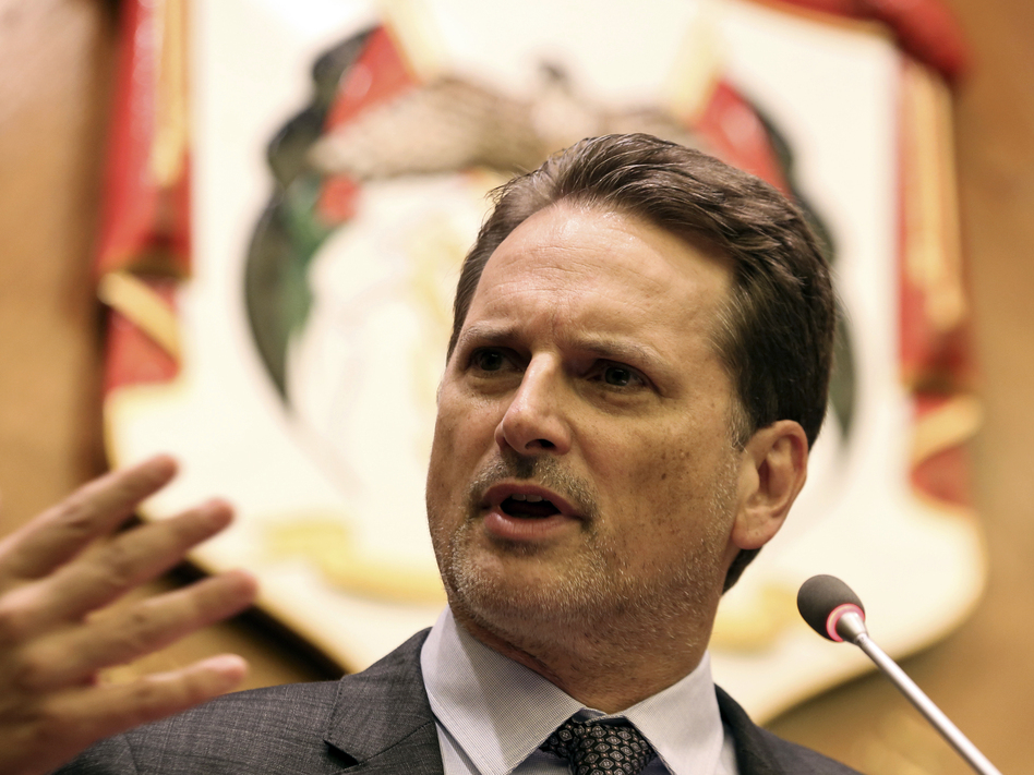 Pierre Krahenbuhl, Commissioner-General of the United Nations Relief and Works Agency for Palestine Refugees (UNRWA), speaks at a press conference in Amman, Jordan, on Thursday. On Friday, the U.S. announced it would cease funding of the aid organization. (Raad Adayleh/AP)