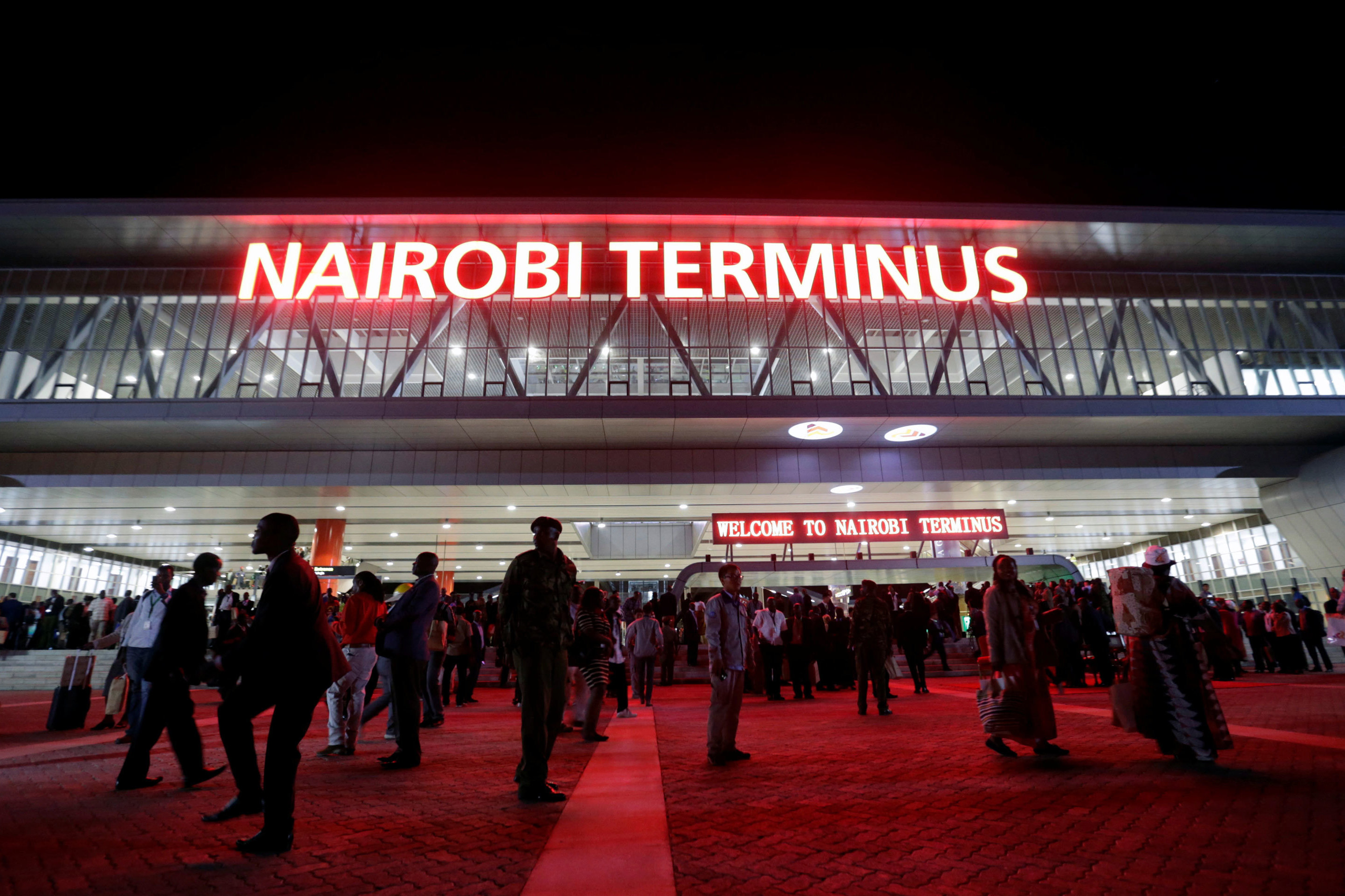 Red neon announces the &quot;Nairobi Terminus&quot; at the Chinese-financed Standard Gauge Railway station in Kenya's capital. (Reuters)