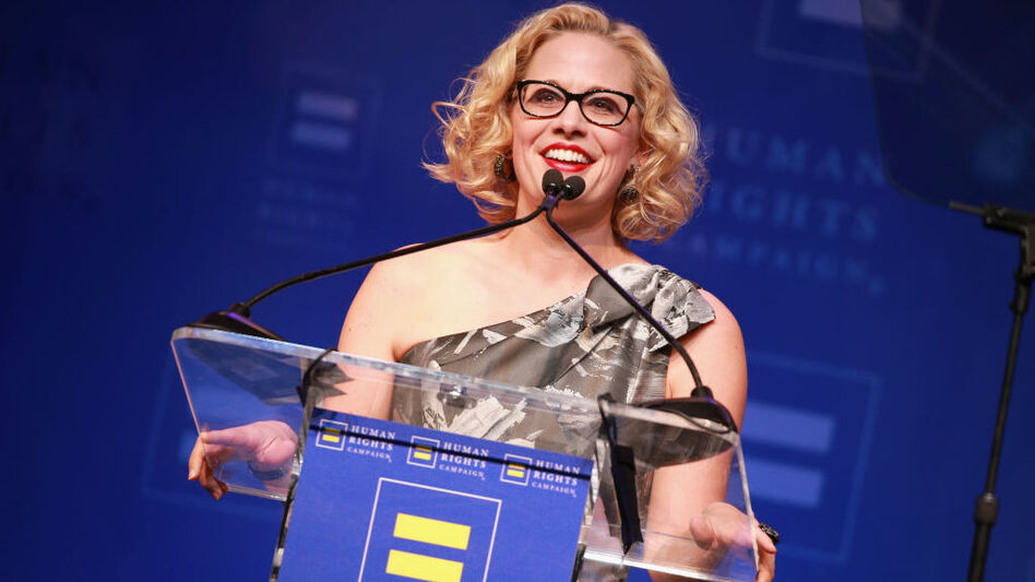 Rep. Kyrsten Sinema, D-Ariz., speaks onstage at The Human Rights Campaign 2018 Los Angeles Gala Dinner at JW Marriott Los Angeles earlier this year. She's running this year for Senate, aiming to be just the second LGBTQ person elected to that body. (Rich Fury/Getty Images)