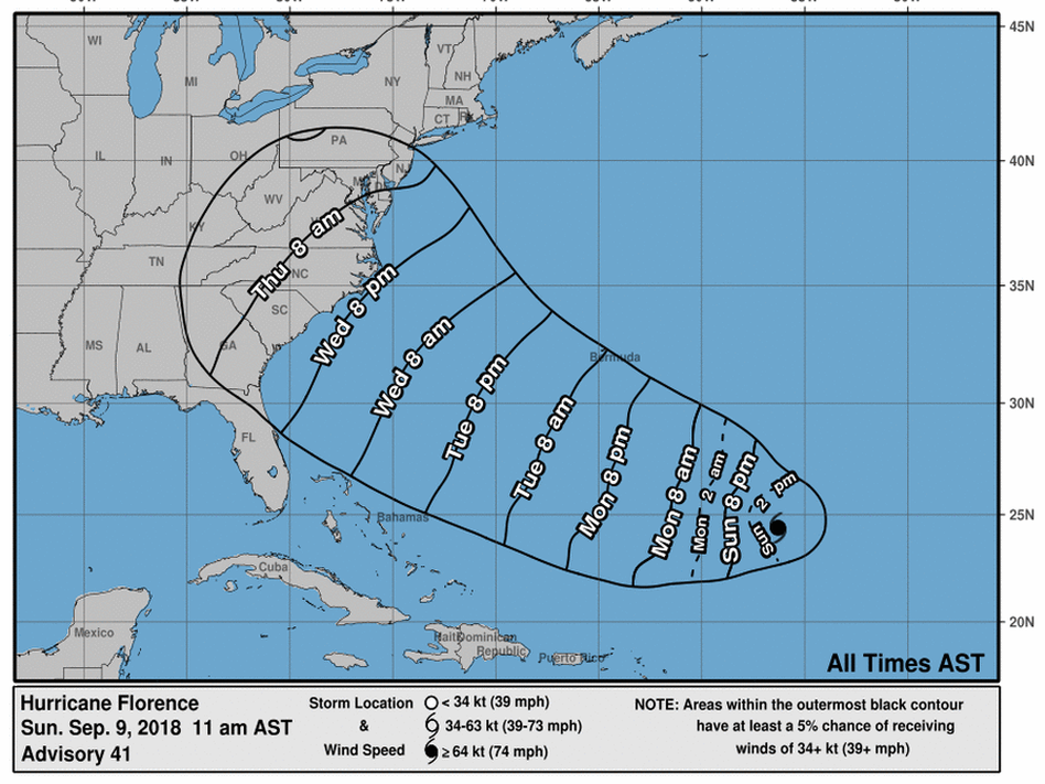 Florence, expected to approach arrive at the U.S. East Coast late this week, has just been named a Hurricane. (National Hurricane Center)