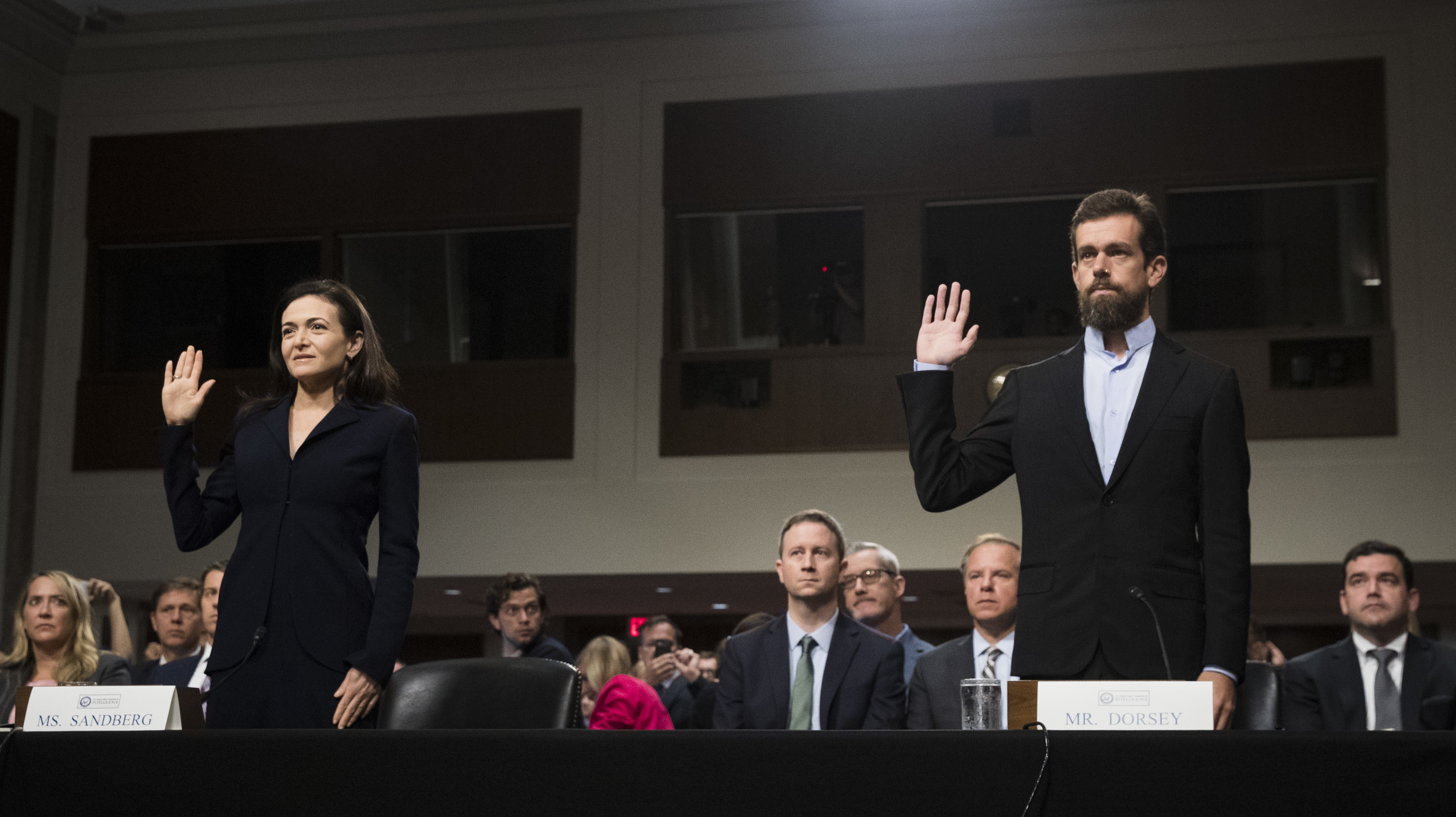 Facebook Chief Operating Officer Sheryl Sandberg and Twitter Chief Executive Officer Jack Dorsey testify during a Senate intelligence committee hearing on Sept. 5.