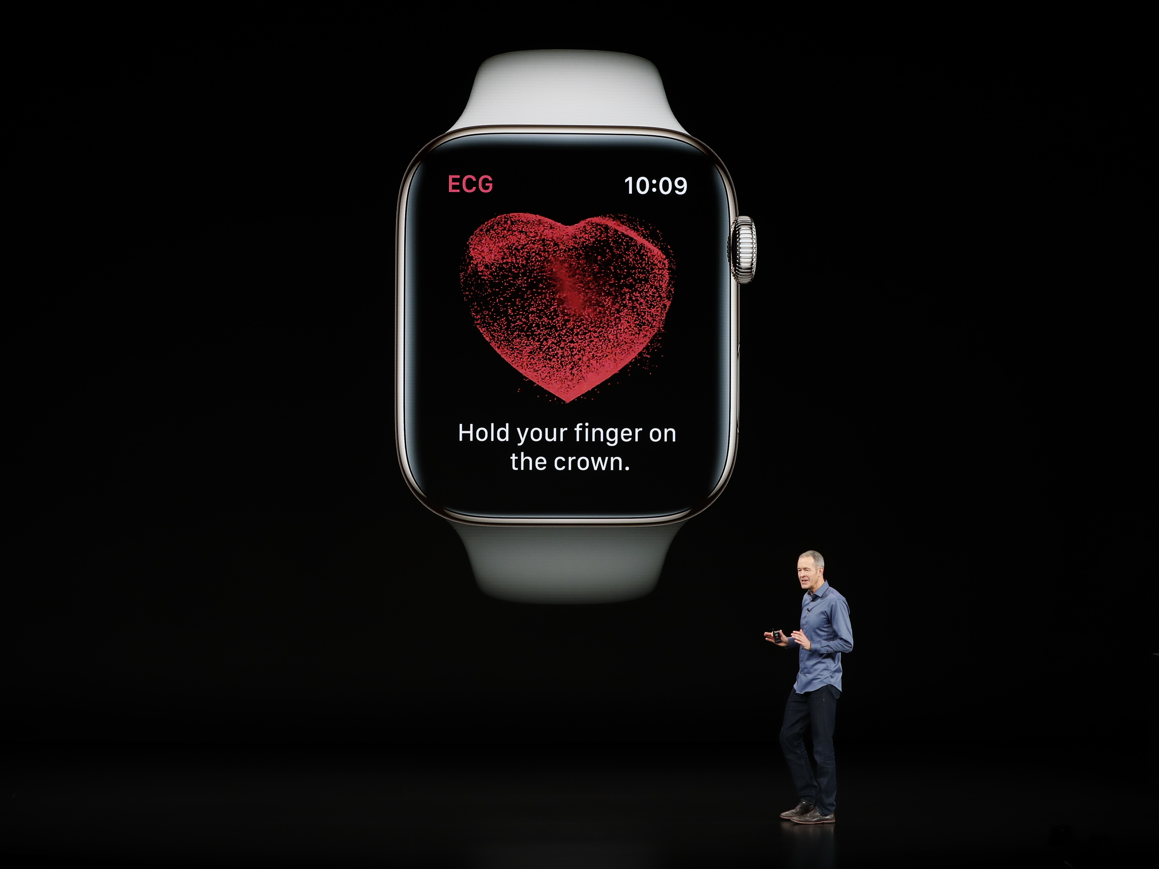 Jeff Williams, Apple's chief operating officer, speaks about the new Apple Watch Series 4 at the company's product-launch event in Cupertino, Calif., on Wednesday. The new Watch includes a sensor allowing users to take an electrocardiogram they can share with their doctor. (Reuters)