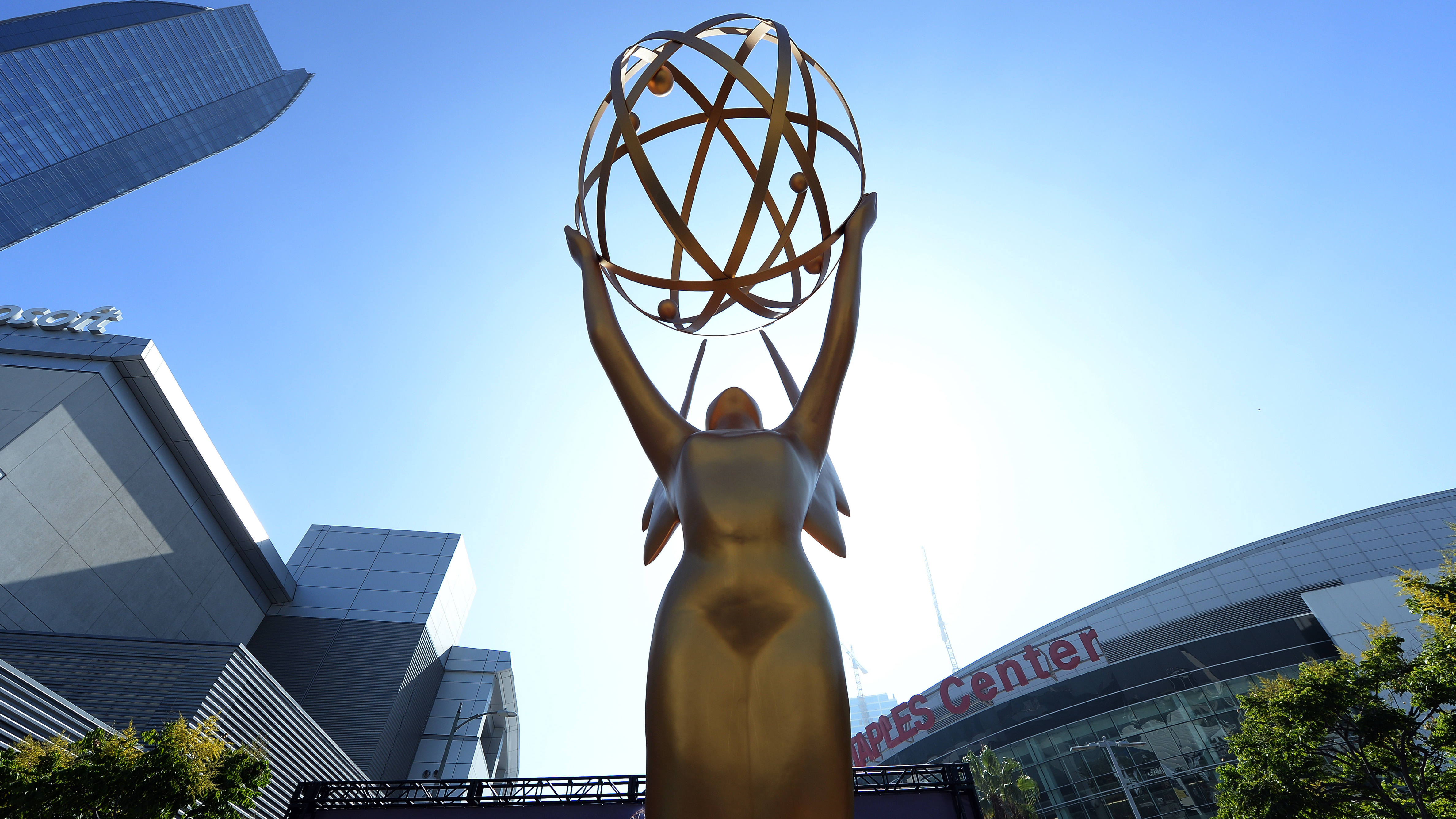 An Emmy statue at the entrance of the gold carpet at the entrance for the 70th Emmy Awards.