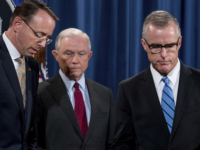 Deputy Attorney General Rod Rosenstein (from left), Attorney General Jeff Sessions and onetime acting FBI Director Andrew McCabe have all been political targets of President Trump's. (Andrew Harnik/AP)