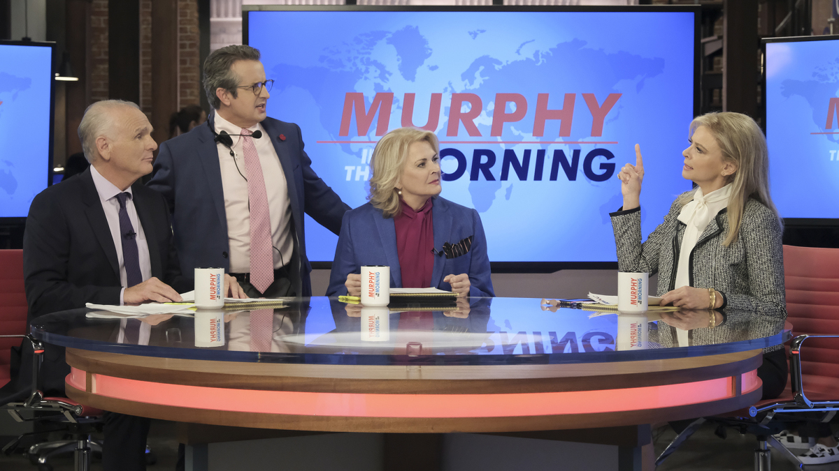 Joe Regalbuto (from left), Grant Shaud, Candice Bergen and Faith Ford in the newly revived <em>Murphy Brown</em>. (CBS)