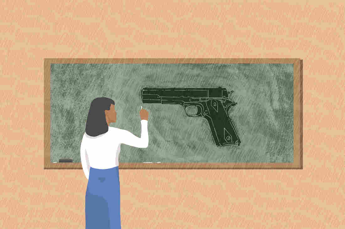 A teacher draws a handgun on the chalkboard.