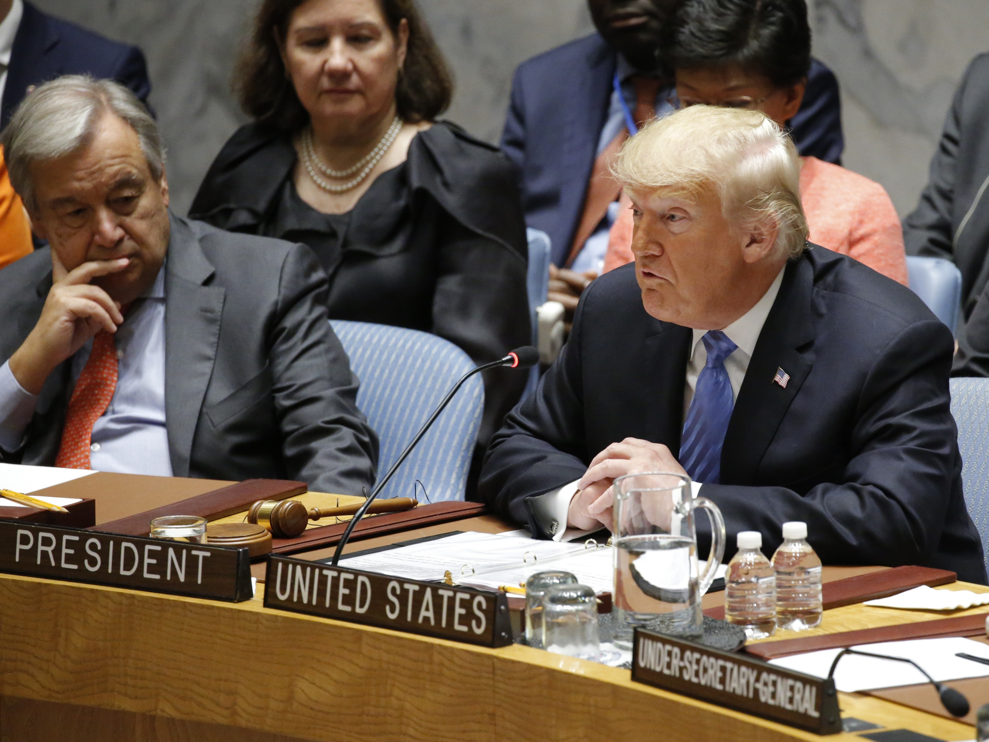 &quot;Regrettably, we found that China has been attempting to interfere in our upcoming 2018 election — coming up in November — against my administration,&quot; President Trump said Wednesday at a meeting of the U.N. Security Council. Looking on is U.N. Secretary-General António Guterres. (Reuters)