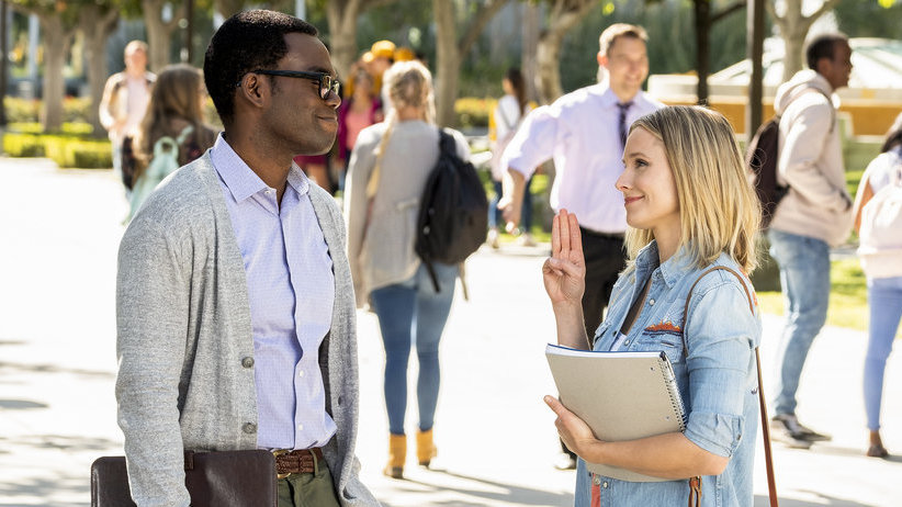 Chidi (William Jackson Harper) and Eleanor (Kristen Bell) are still pals as the third season of The Good Place gets underway.