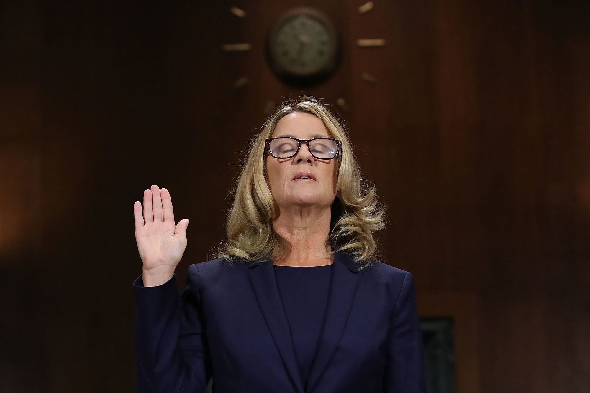 Christine Blasey Ford is sworn in ahead of testifying before the Senate Judiciary Committee on Thursday. (Win McNamee/Getty Images)