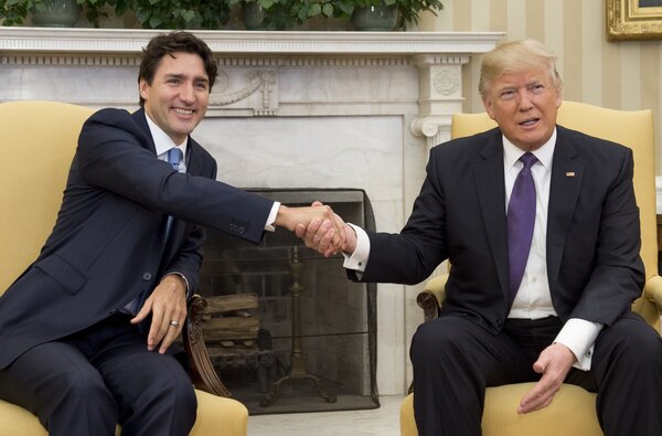 President Trump and Canadian Prime Minister Justin Trudeau shake hands during a meeting in the Oval Office in February.