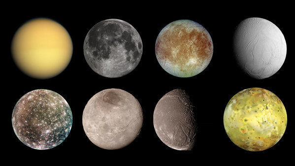 (Top row, from left) Titan, Earth