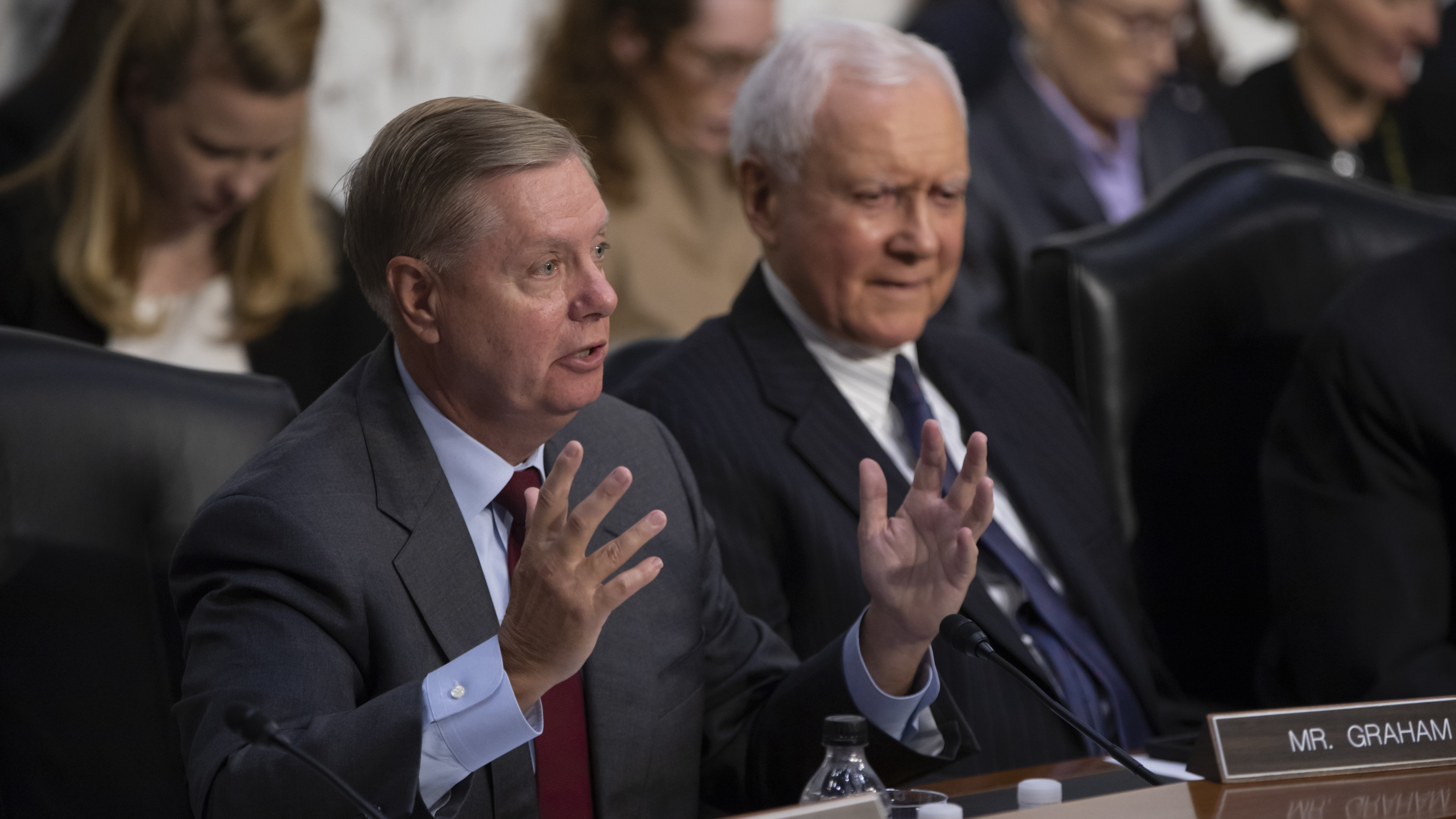 Sen. Lindsey Graham, R-S.C., joined by Sen. Orrin Hatch, R-Utah, (right) last week during questioning of Supreme Court nominee Brett Kavanaugh.