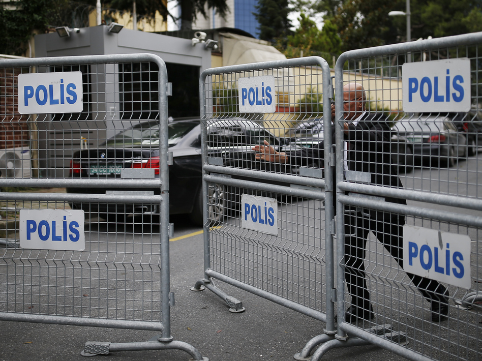 A blocked road in Istanbul leads to the Saudi consulate. Jamal Khashoggi, a prominent critic of Saudi Arabia's crown prince, visited the consulate earlier this week and has not been seen since. (Emrah Gurel/AP)