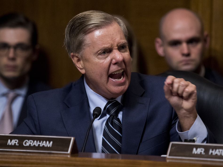 Sen. Lindsey Graham, R-S.C., points at Democrats as he defends Supreme Court nominee Brett Kavanaugh at the Senate Judiciary Committee hearing last week. (Tom Williams/AP)