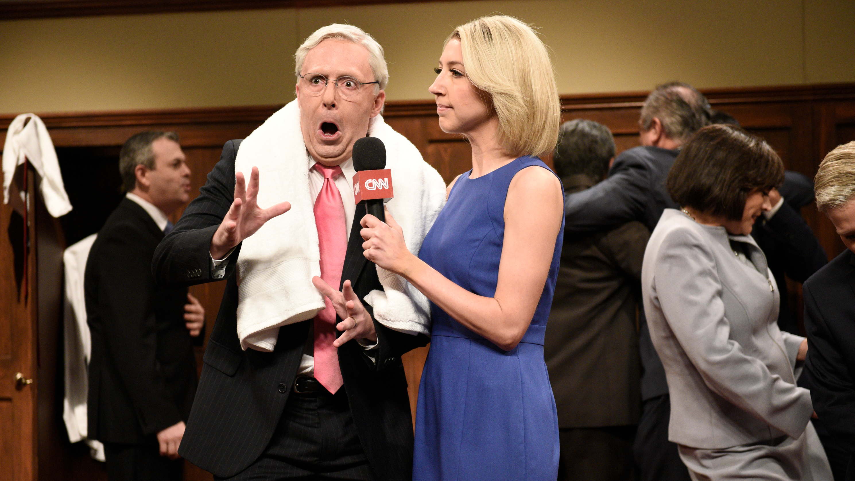 Beck Bennett as Sen. Mitch McConnell, Heidi Gardner as Dana Bash on <em>Saturday Night Live</em> on Saturday. (NBCU Photo Bank via Getty Images)
