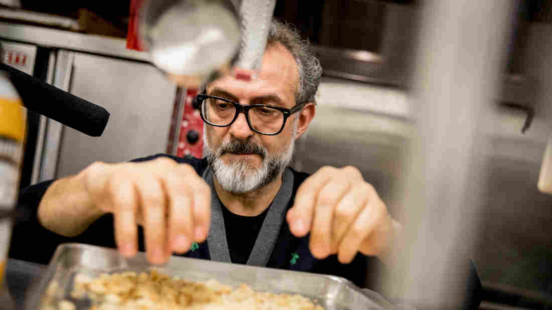 Chef Massimo Bottura creates a meal from Thanksgiving leftovers in NPR's kitchen. "The leftover is a big problem if you don't have a vision, if you don't have the knowledge of what you can do," he says. Above, he checks the breadcrumbs to make sure they're dry and fine enough to turn into a pasta called passatelli.